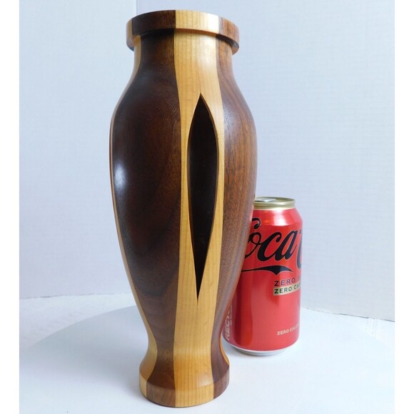 Hand Turned Wooden Vase Tea-Light Candle Holder Stripe Walnut Birch? Wood Decor - Picture 3 of 15